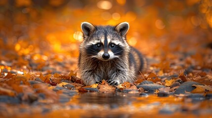  raccoon foraging near a forest stream with intricate foliage and beautiful sunlight.  