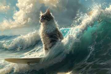 A realistic painting featuring a cat riding a surfboard on a wave