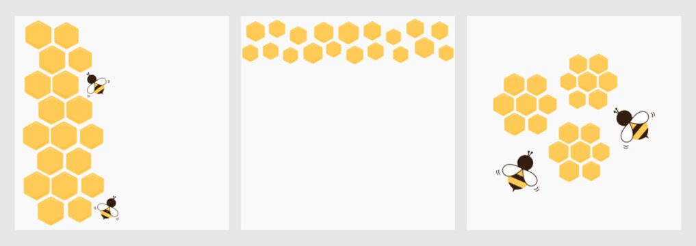 Beehive honey sign with hexagon grid cells and bee cartoon isolated on white backgrounds vector.