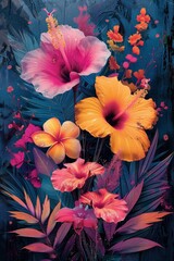 bohemian collage art, colorful tropical collage poster with exotic flowers and psychedelic patterns ideal for adding a bohemian touch to any living space