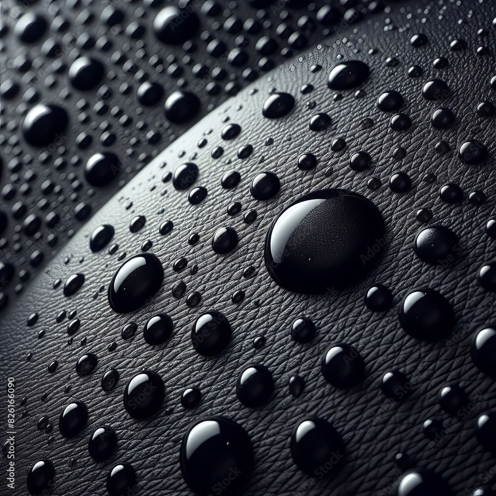 Poster close-up view of water droplets uniformly dispersed on a dark textured surface, highlighting details