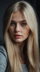 selfie of beautiful social media female caucasian model, long  hair, gray or blue eyes, 22 years old