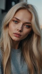 Naklejka premium selfie of beautiful social media female caucasian model, long hair, gray or blue eyes, 22 years old