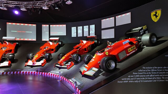 Ferrari racing cars on display at Ferrari museum in Maranello. Maranello, Modena, Italy
