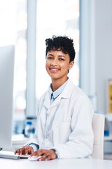 Portrait, woman and scientist with smile on computer for internet research or store data for...
