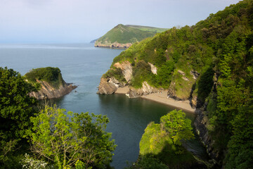 Naklejka premium Aerial view of the secretive Broadsands beach in Exmoor, sometimes called little Thailand