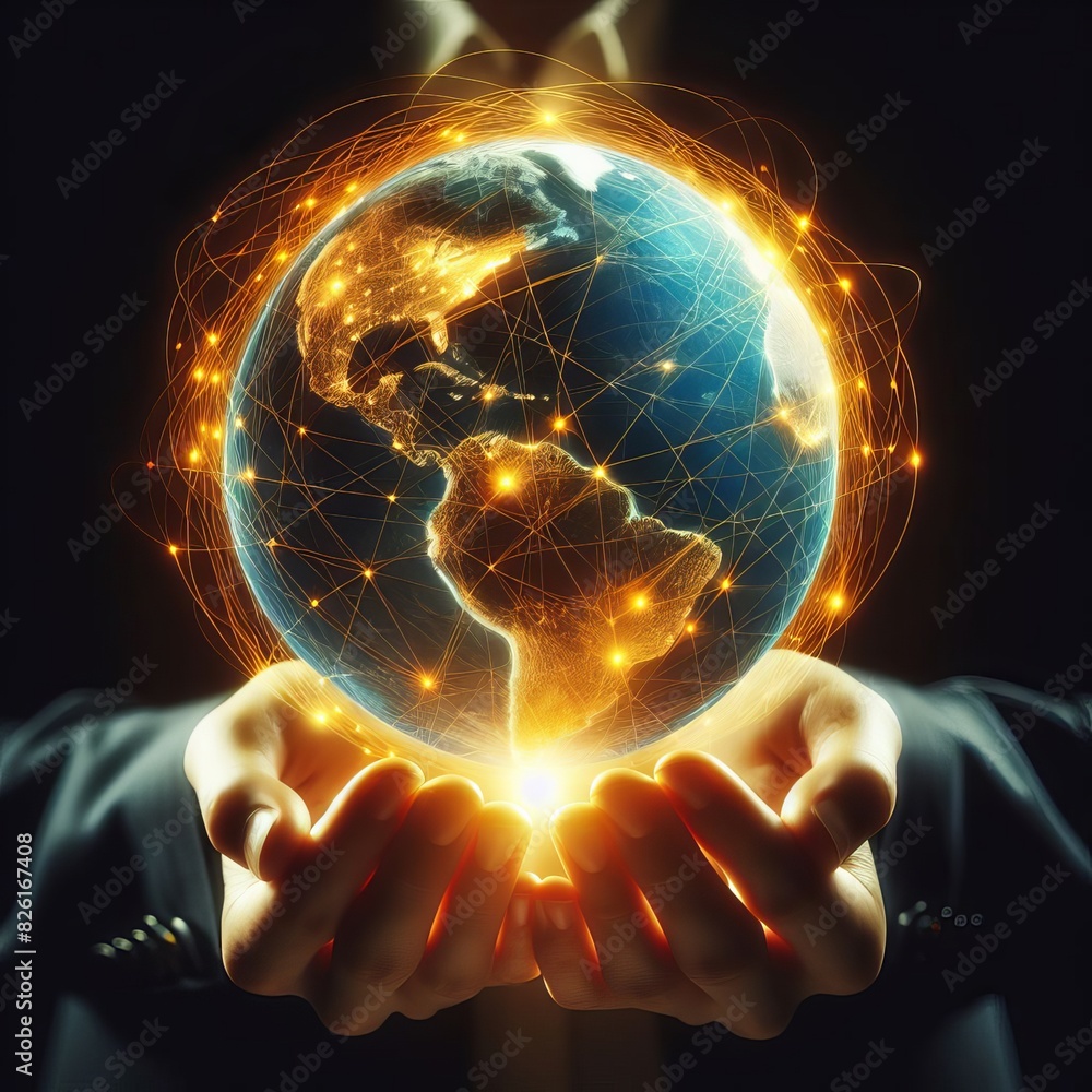 Poster conceptual artwork of hands holding a glowing earth with digital network connections, symbolizing gl