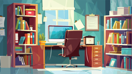 Office manager workplace with computer and books Cartoon