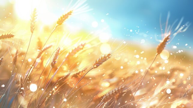 Golden sunlit wheat field leading to rolling hills symbol of agricultural plenty