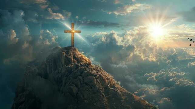 sparkling cross on the mountain. Virtual 4K video animation background with looping time lapse with very smooth graphics.