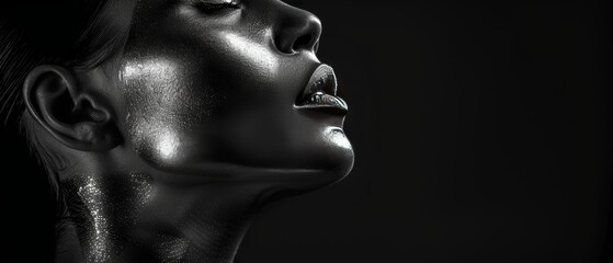 Black and White Portrait of Female Face with Shiny Skin, Artistic Glamour, Copy Space