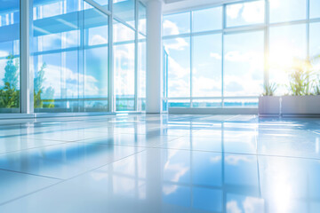 Modern Office Interior with Large Windows and Natural Light. Bright Spacious Lobby with Glass Walls and Sunlight