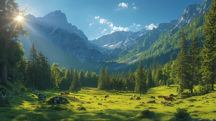 A serene green pasture with grazing cows, framed by tall trees and a backdrop of distant mountains