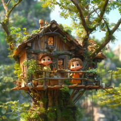 2 Modern children building a very rustic and improvised tree house with sticks in the middle of the field full of lush green grass, style, 3d character, body full, general plane cartoon, octane render