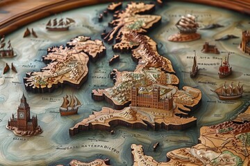historical and wooden map of the british islands, united kingdom and ireland