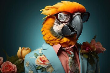portrait of anthropomorphic parrot dressed in suit