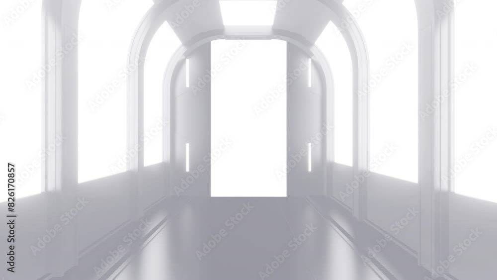 Wall mural opening gate or door in white futuristic tunnel spaceship or science laboratory corridor . sci-fi co