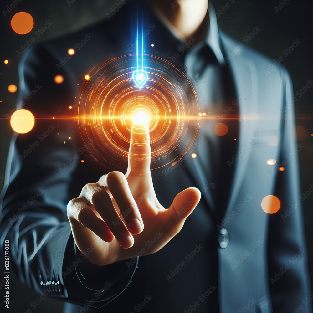 Poster a futuristic depiction of a man in a suit interacting with a glowing holographic interface, symboliz