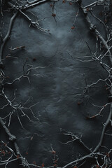 Naklejka premium Fantasy dark Gothic backdrop framed by dry branches, thorns, ivy. Old worn black grunge background bordered with horror dry branches and thorns. Medieval cinematic dark fantasy concept.