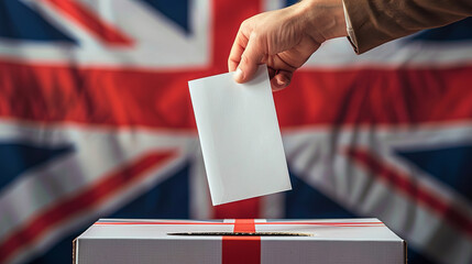 A person entering a vote into a ballot box Great britain union jack flag. United Kingdom elections - Powered by Adobe