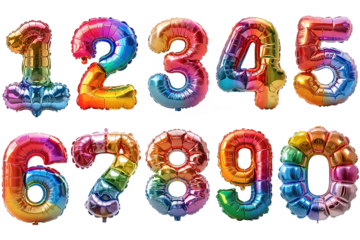 collection of rainbow balloons in the shape of numbers isolated on transparent background ,generative ai