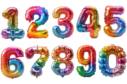 collection of rainbow balloons in the shape of numbers isolated on transparent background ,generative ai