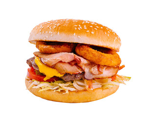 Delicious bacon and onion rings cheeseburger isolated on white