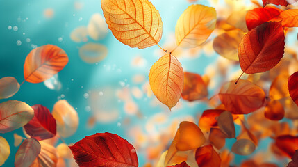 Colorful autumn leaves falling on blue blurred background.