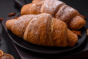Delicious crispy golden croissant with chocolate filling