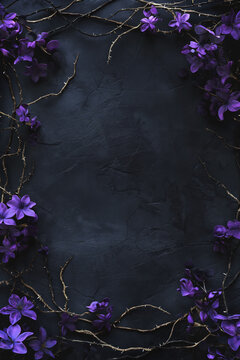 Gothic fantasy dark background surrounded by dry branches, thorns, ivy, and purple flowers. Black old worn grunge backdrop framed with horror dry branches and thorns. color pop contrast