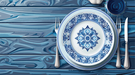 Porcelain cartoon plate with traditional blue arabic
