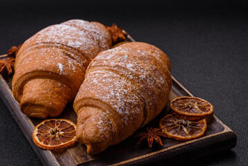 Delicious crispy golden croissant with chocolate filling