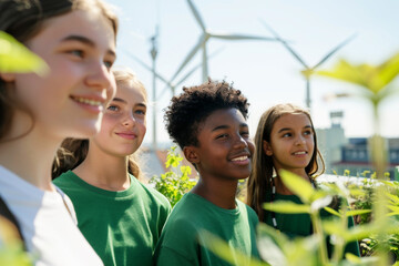 Group of kids in green tops standing outdoors against a backdrop of wind turbines, embodying teamwork and commitment to sustainability and renewable energy.