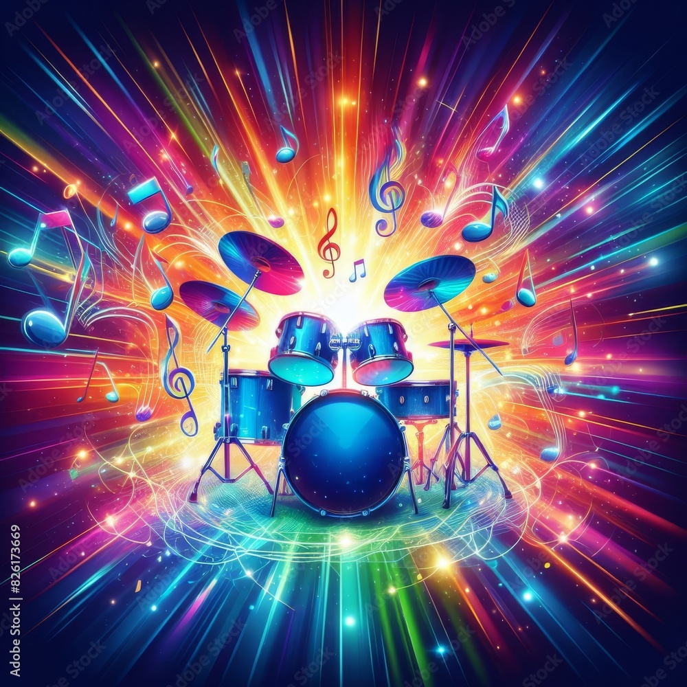 Poster an explosion of vibrant colors and musical notes around a drum set, symbolizing dynamic sound and rh