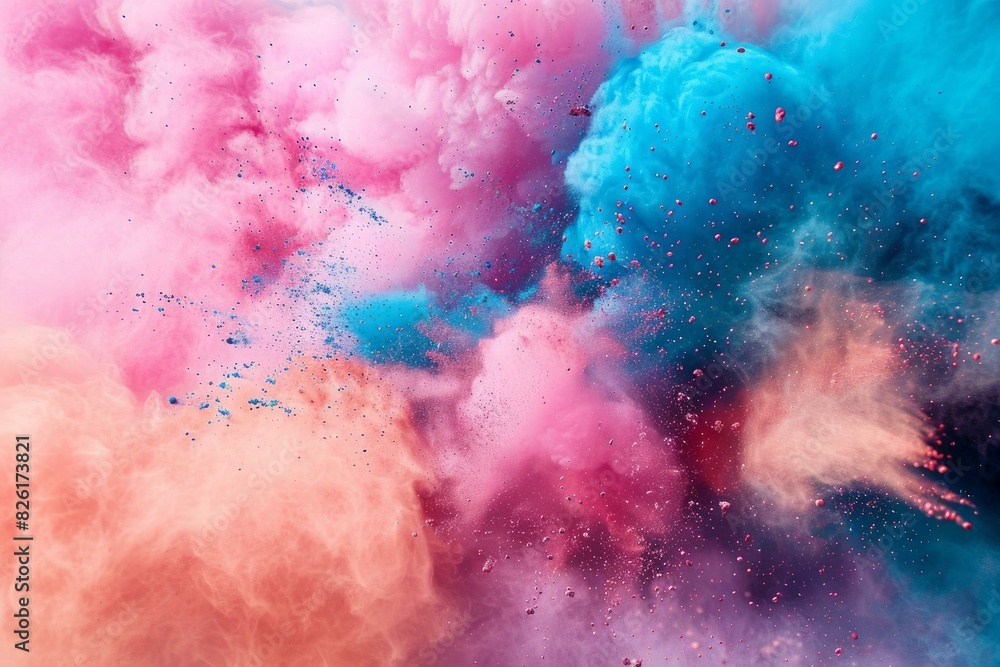 Poster vibrant and dynamic explosion of colorful pink and blue powder creating abstract clouds of vibrant c