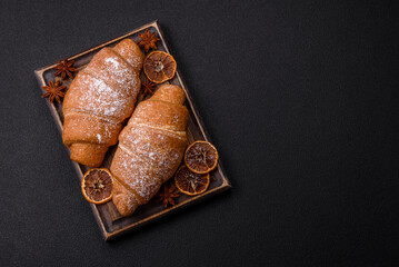 Delicious crispy golden croissant with chocolate filling