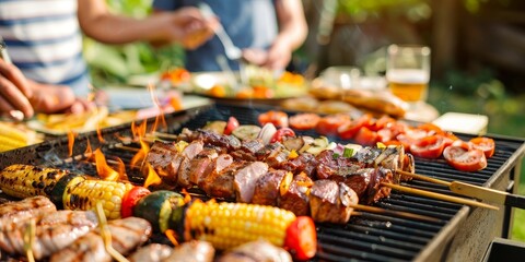 Naklejka premium A group of people are gathered around a barbecue grill, enjoying a meal together generated by AI