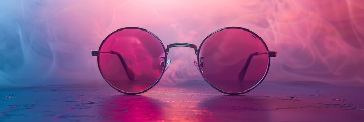 Vibrant Colored Smoke Background with Fashionable Round Glasses on Reflective Surface