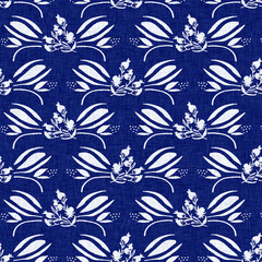 Indigo denim blue leaf motif seamless pattern. Japanese dye batik fabric style effect print background swatch. 