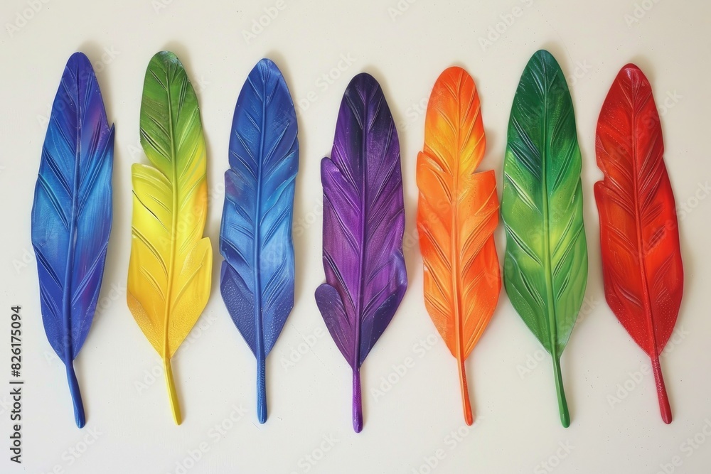 Poster vibrant collection of multicolored feathers arranged in a row on a clean white surface