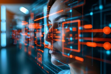 Fototapeta premium Digital interface with a human face overlay, showcasing advanced technology and data analysis in a vibrant, high tech environment
