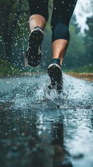 A person is running through a puddle of water, with their feet splashing up generated by AI