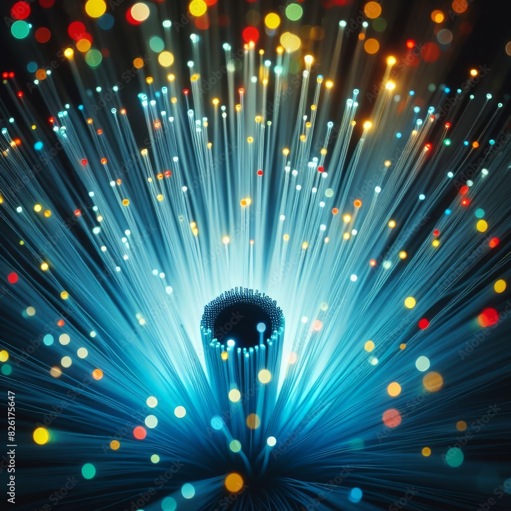 Poster a vibrant display of fiber optic lights bursting outwards with a dark central core, featuring a colo