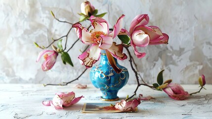Fototapeta premium A vase of pink flowers sits on a white and blue table against a white wall, framed by blue