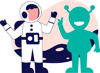 Astronaut meeting an alien. Flat vector illustration