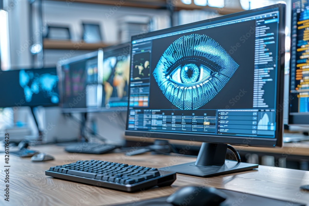 Poster computer screens displaying eye graphics in a high tech, modern office setting, representing digital