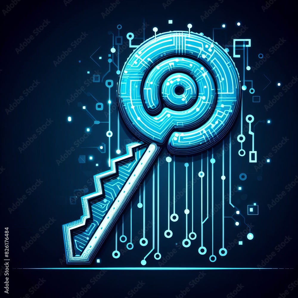 Poster an abstract illustration of a stylized key overlaid with blue neon circuits, set against a dark back
