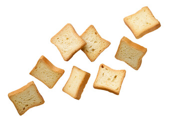 Croutons bread flying close-up on a white. Isolated