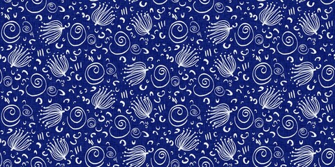 Indigo denim blue leaf motif seamless border. Japanese dye batik fabric style effect print banner swatch. 