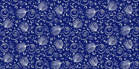 Indigo denim blue leaf motif seamless border. Japanese dye batik fabric style effect print banner swatch. 